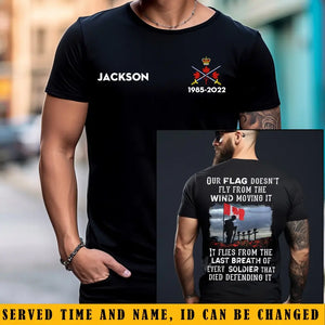 Personalized Our Flag Doesn't Fly From The Wind Moving It It Flies From The Last Breath of Every Soldier That Died Defending It Canadian Veteran T-shirt Printed KH24198