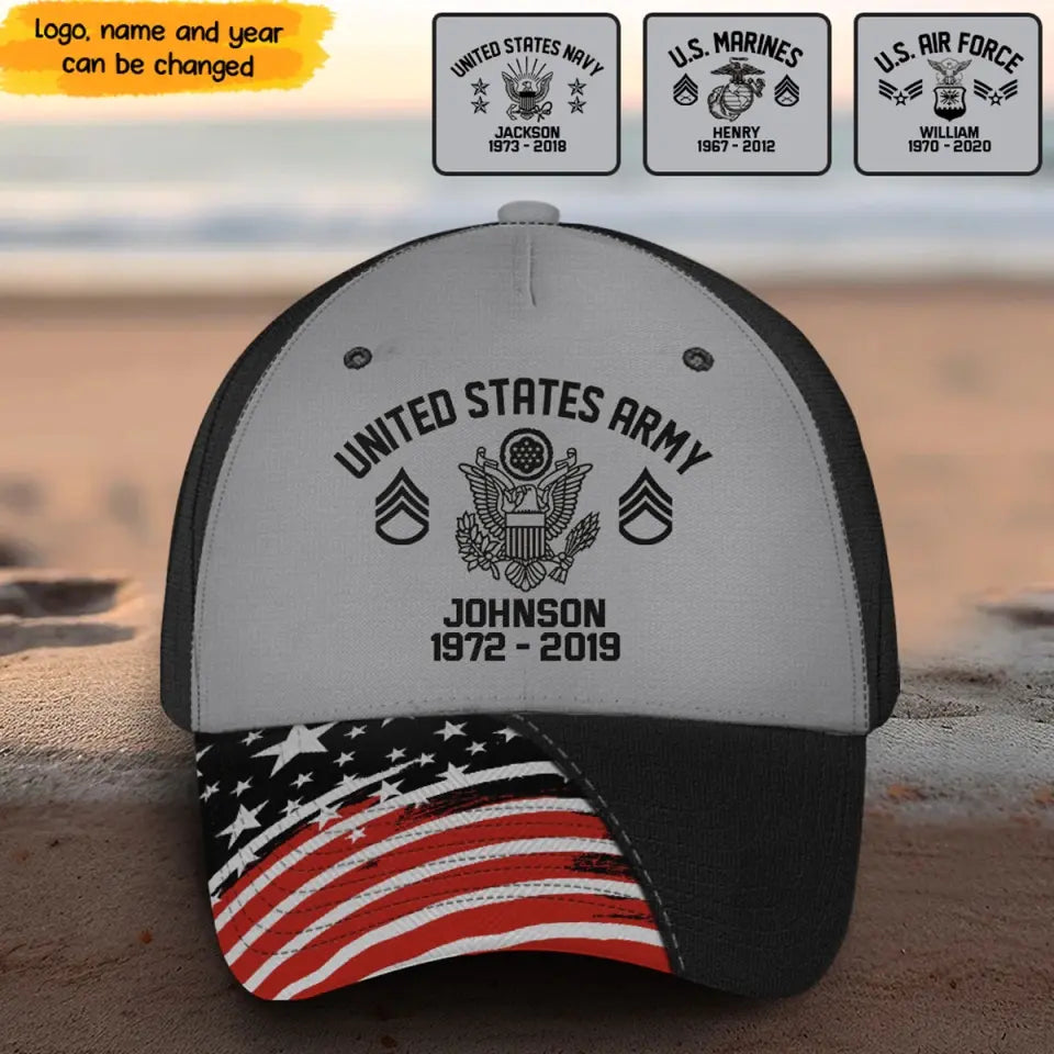 Personalized US Army Rank Camo Custom Name & Time Cap 3D Printed VQ24204