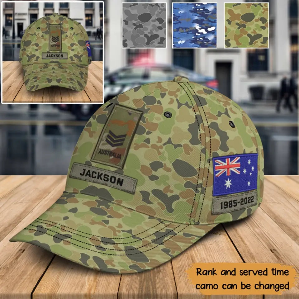 Personalized Australia Veteran Rank Camo Custom Name & Time Cap 3D Printed KVH24225