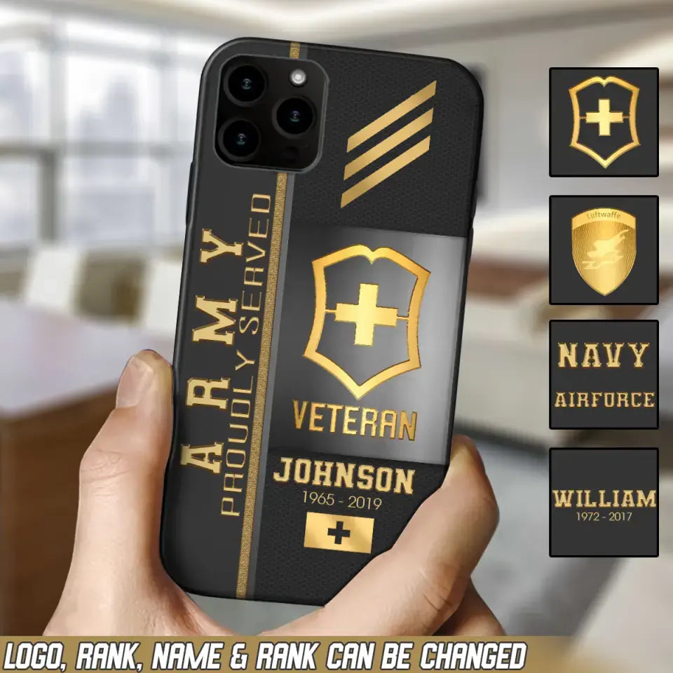 Personalized Army Proudly Served Swiss Veteran Gold Rank Camo Phonecase Printed AHVQ24295