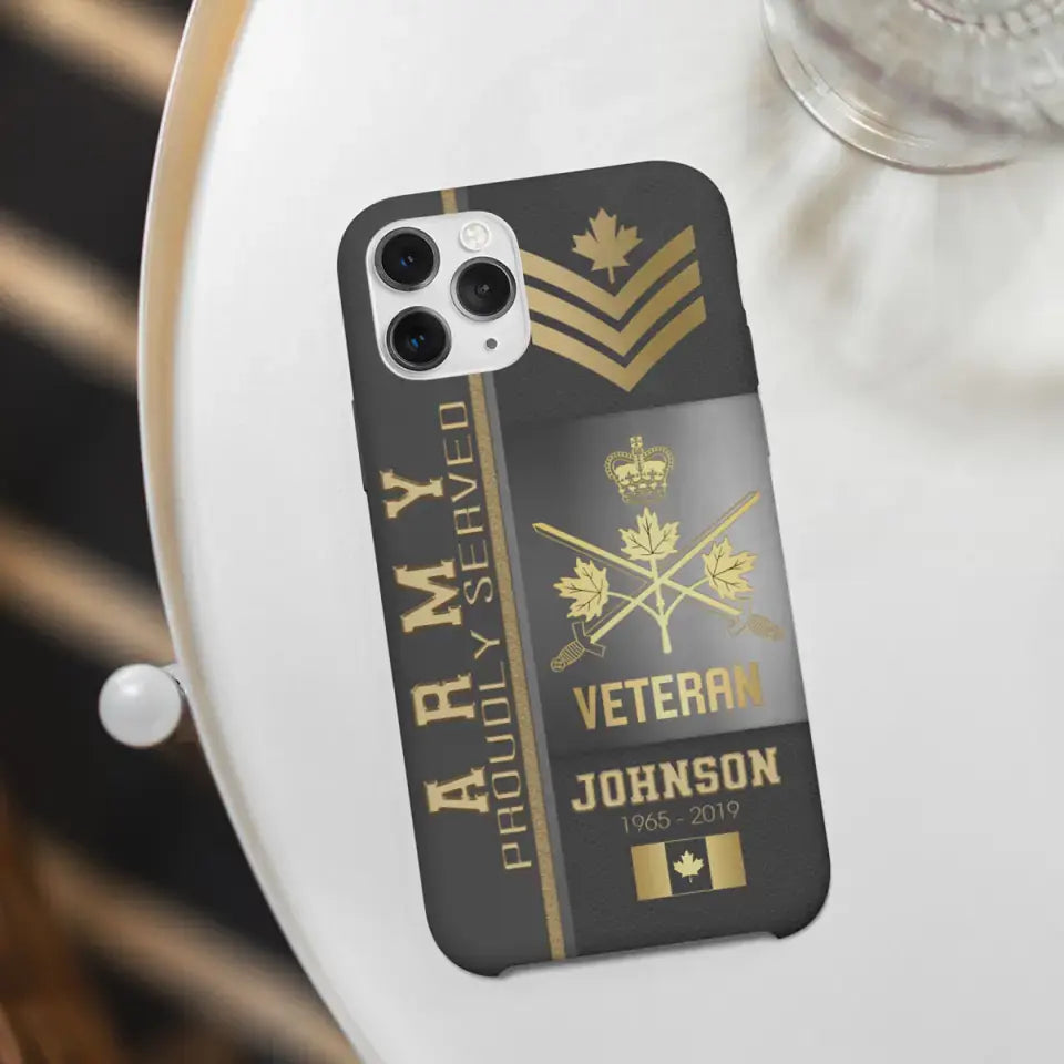 Personalized Army Proudly Served Canadian Veteran Gold Rank Camo Phonecase Printed AHVQ24295