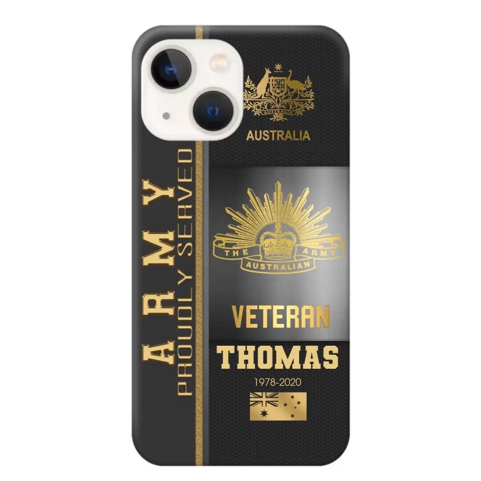 Personalized Army Proudly Served Australian Veteran Gold Rank Camo Phonecase Printed AHVQ24295