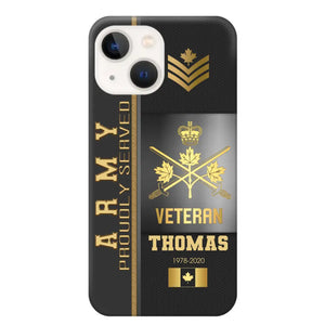 Personalized Army Proudly Served Canadian Veteran Gold Rank Camo Phonecase Printed AHVQ24295