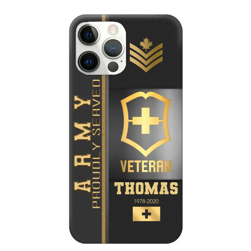 Personalized Army Proudly Served Swiss Veteran Gold Rank Camo Phonecase Printed AHVQ24295