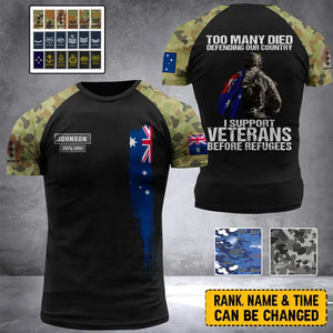 Personalized Too Many Died Defending Our Country I Support Veterans Before Refugees Australian Veteran Rank Camo T-shirt 3D Printed AHVA24309