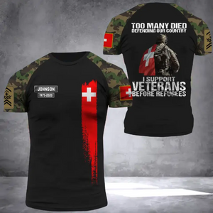 Personalized Too Many Died Defending Our Country I Support Veterans Before Refugees Swiss Veteran Rank Camo T-shirt 3D Printed AHVA24309