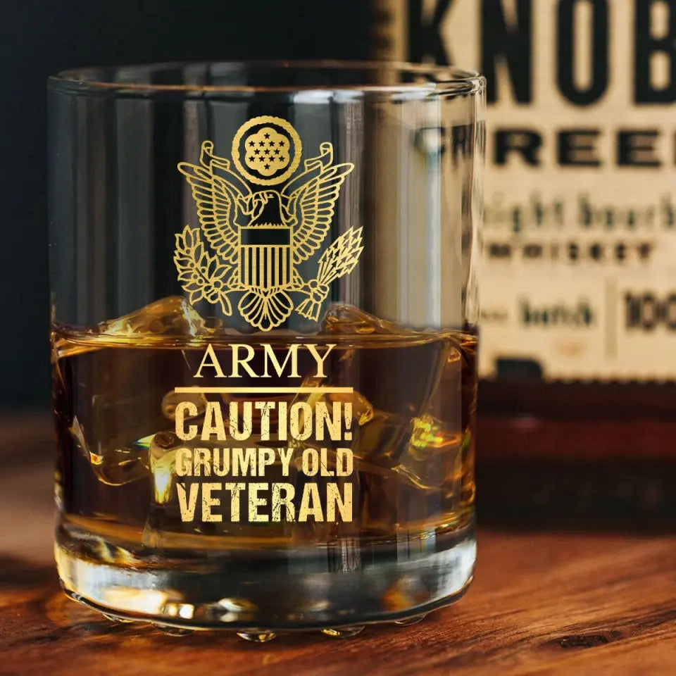 Personalized US Army Caution Grumpy Old Veteran Whiskey Glass Printed AHVQ24436