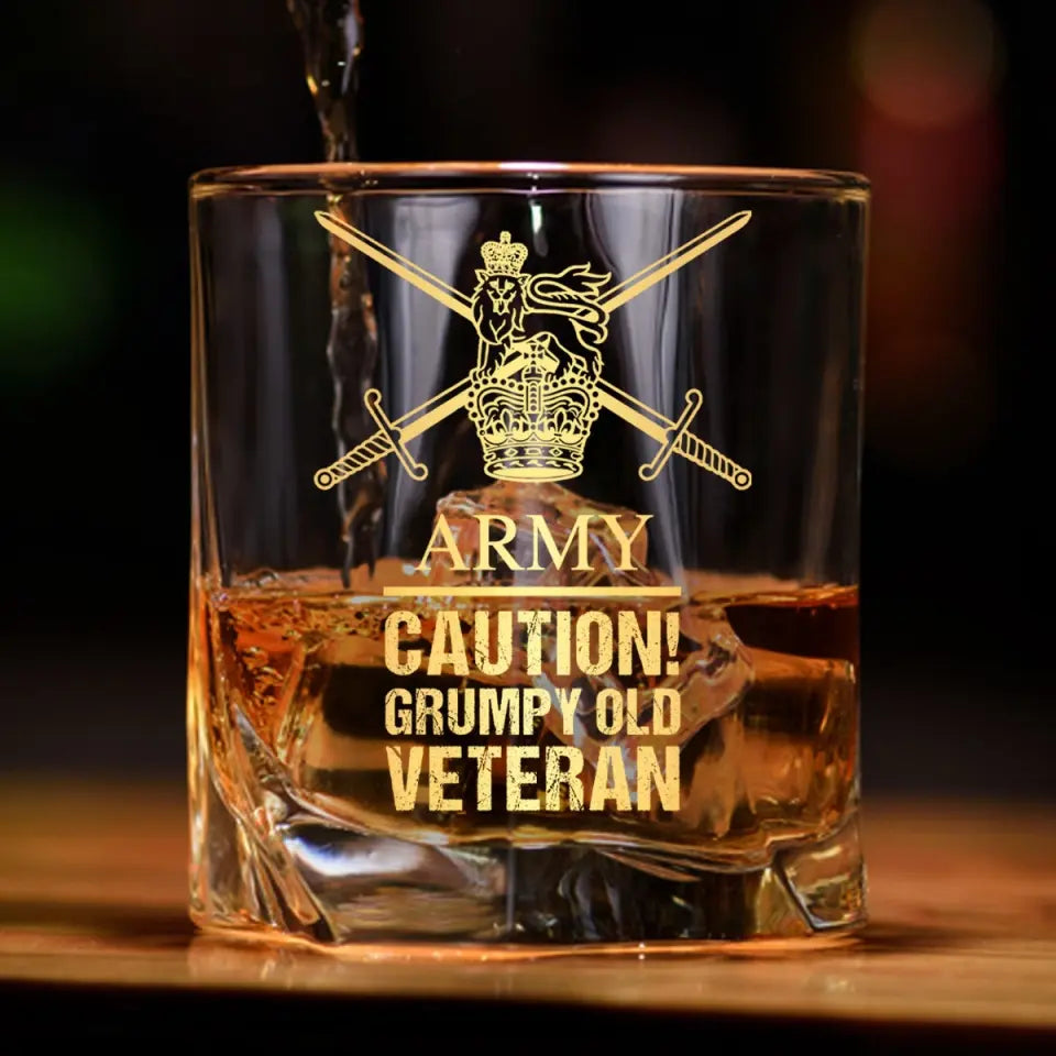 Personalized UK Army Caution Grumpy Old Veteran Whiskey Glass Printed AHVQ24436