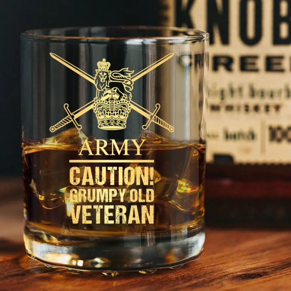 Personalized UK Army Caution Grumpy Old Veteran Whiskey Glass Printed AHVQ24436
