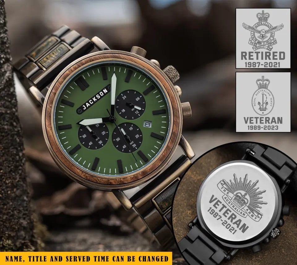 Personalized Australian Amry Veteran Custom Name & Served Time Wooden Watch Printed KVH24468