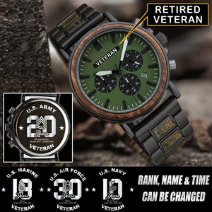 Personalized US Army Veteran Rank Camo Custom Name & Time Wooden Watch Printed QTLVA24476