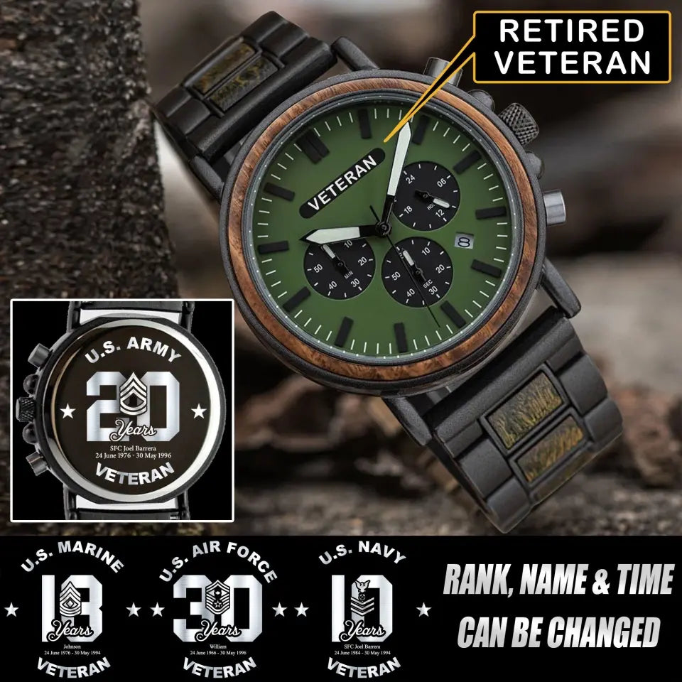 Personalized US Army Veteran Rank Camo Custom Name & Time Wooden Watch Printed QTLVA24476