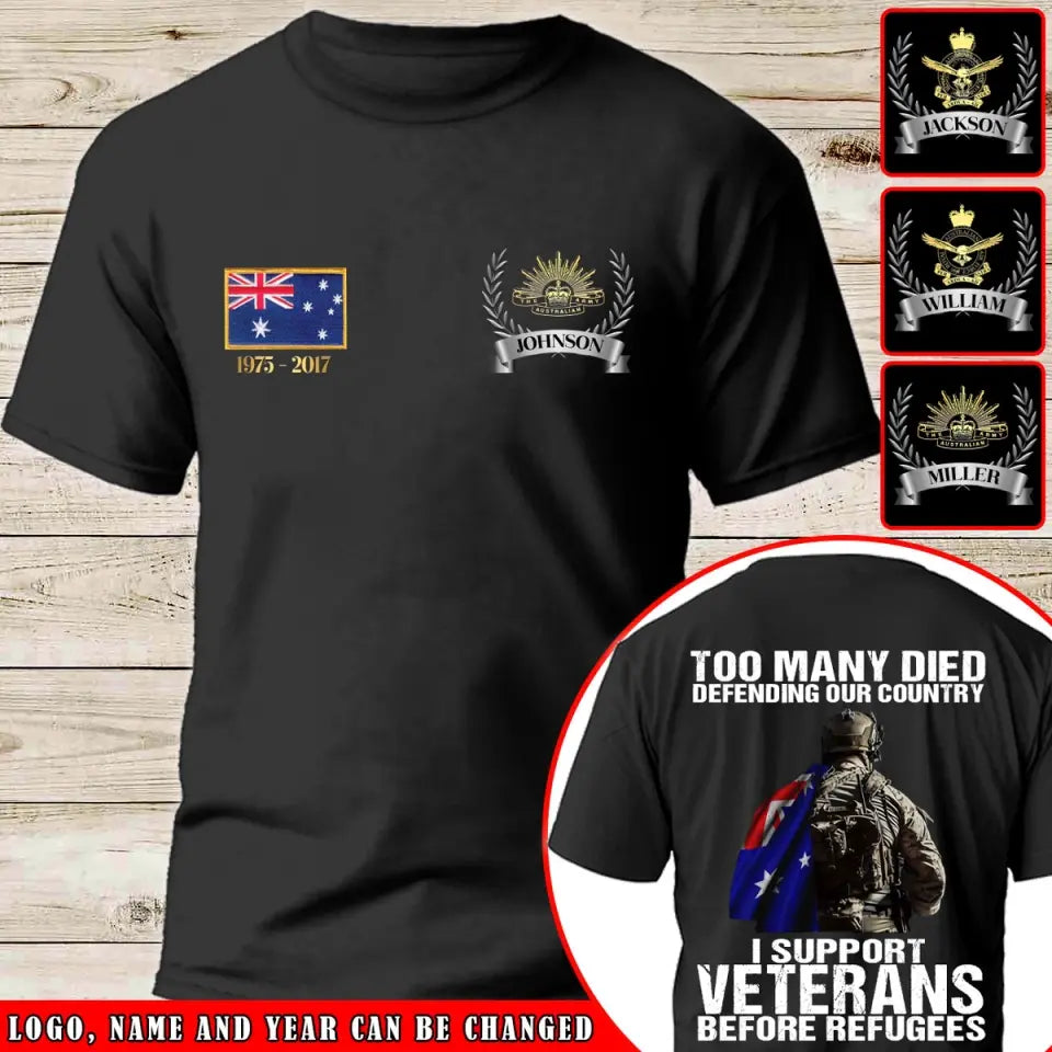 Personalized Australian Veteran Too Many Died Defending Our Country I Support Veterans Before Refugees T-shirt Printed AHKH24525
