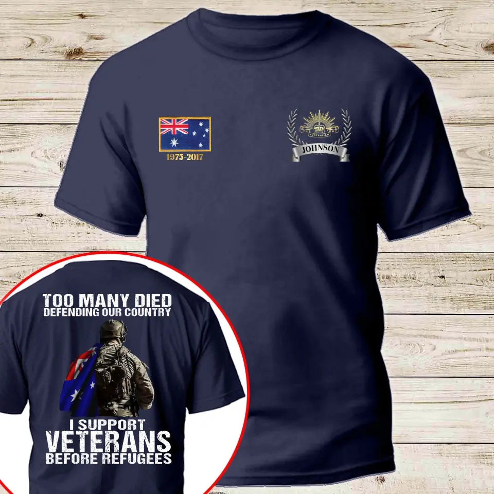 Personalized Australian Veteran Too Many Died Defending Our Country I Support Veterans Before Refugees T-shirt Printed AHKH24525