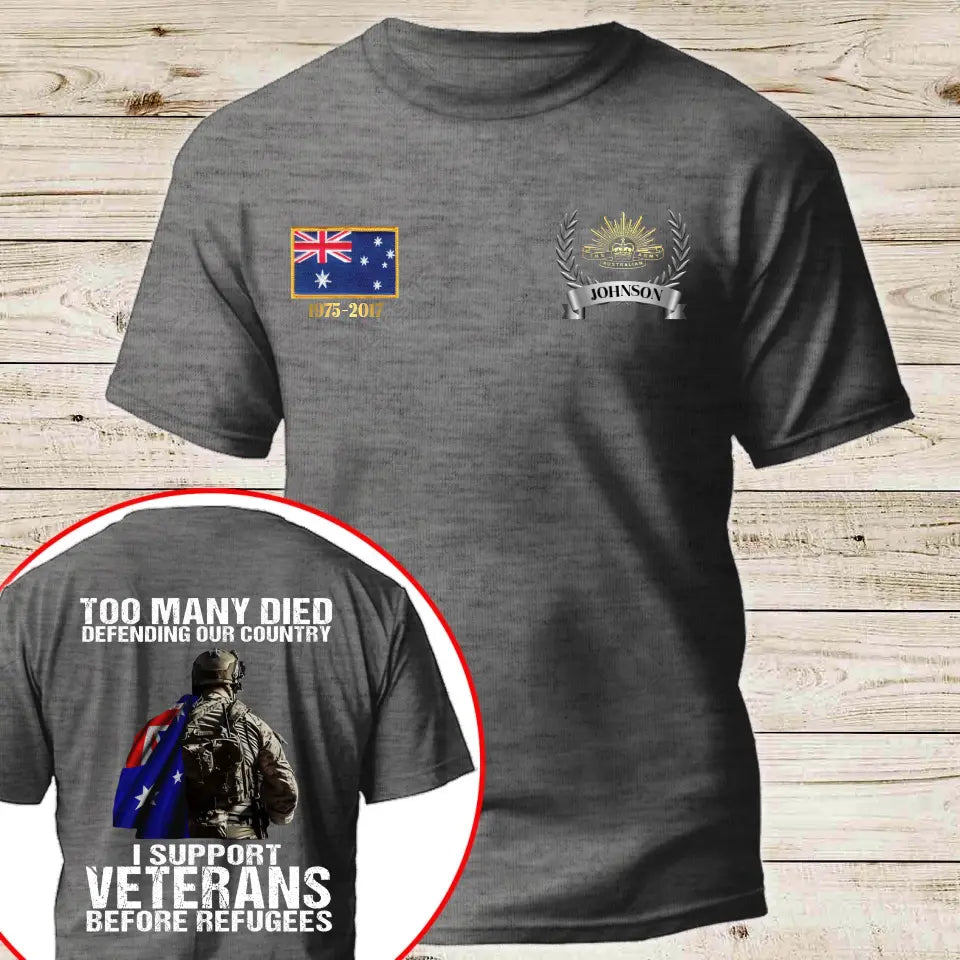 Personalized Australian Veteran Too Many Died Defending Our Country I Support Veterans Before Refugees T-shirt Printed AHKH24525