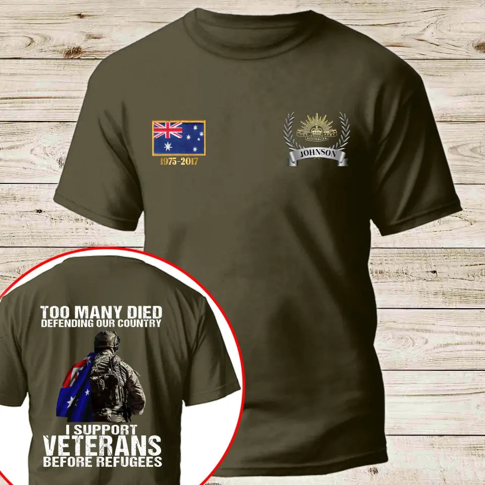 Personalized Australian Veteran Too Many Died Defending Our Country I Support Veterans Before Refugees T-shirt Printed AHKH24525