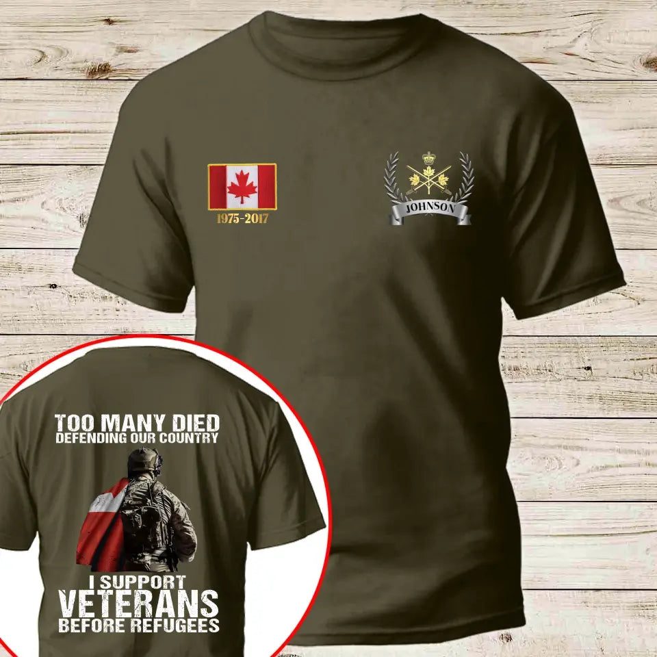 Personalized Canadian Veteran Too Many Died Defending Our Country I Support Veterans Before Refugees T-shirt Printed AHKH24525