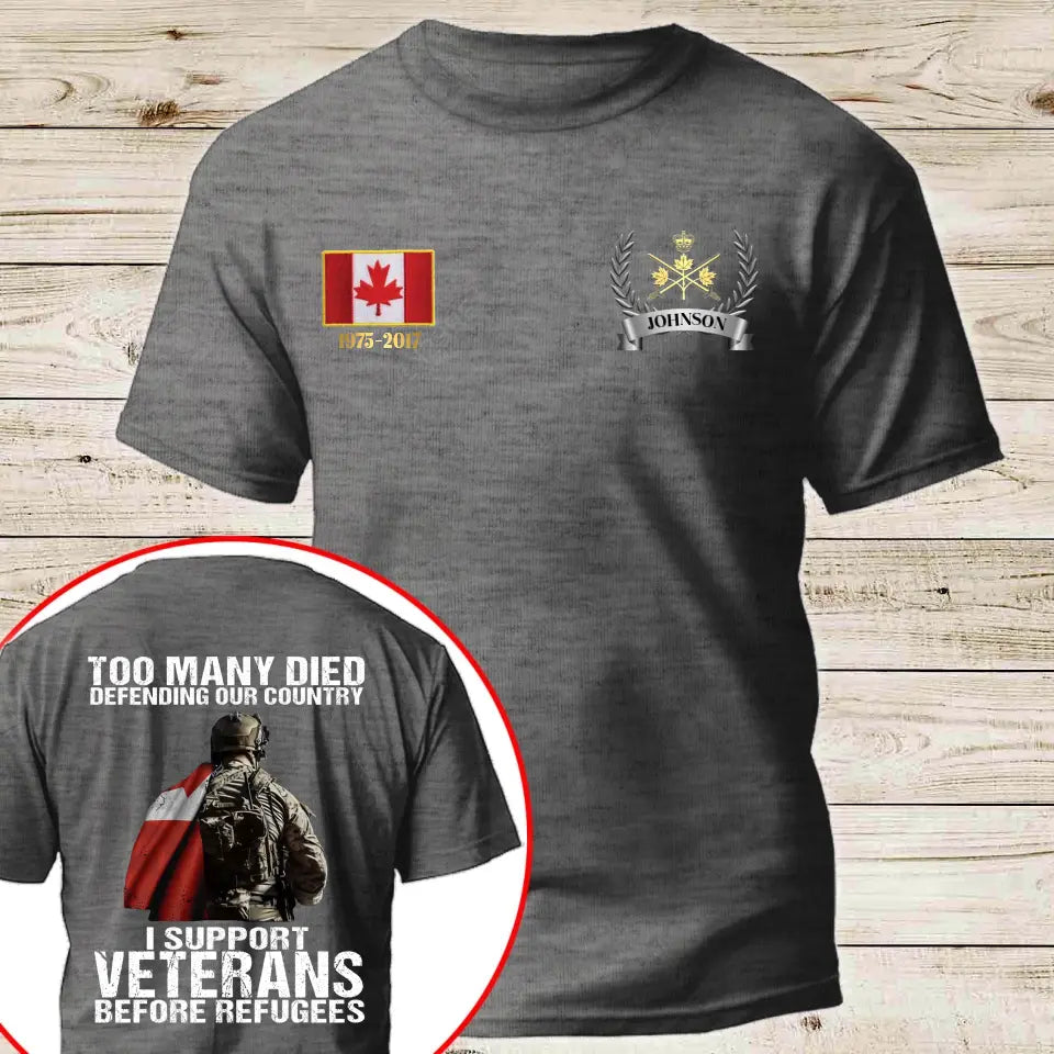 Personalized Canadian Veteran Too Many Died Defending Our Country I Support Veterans Before Refugees T-shirt Printed AHKH24525