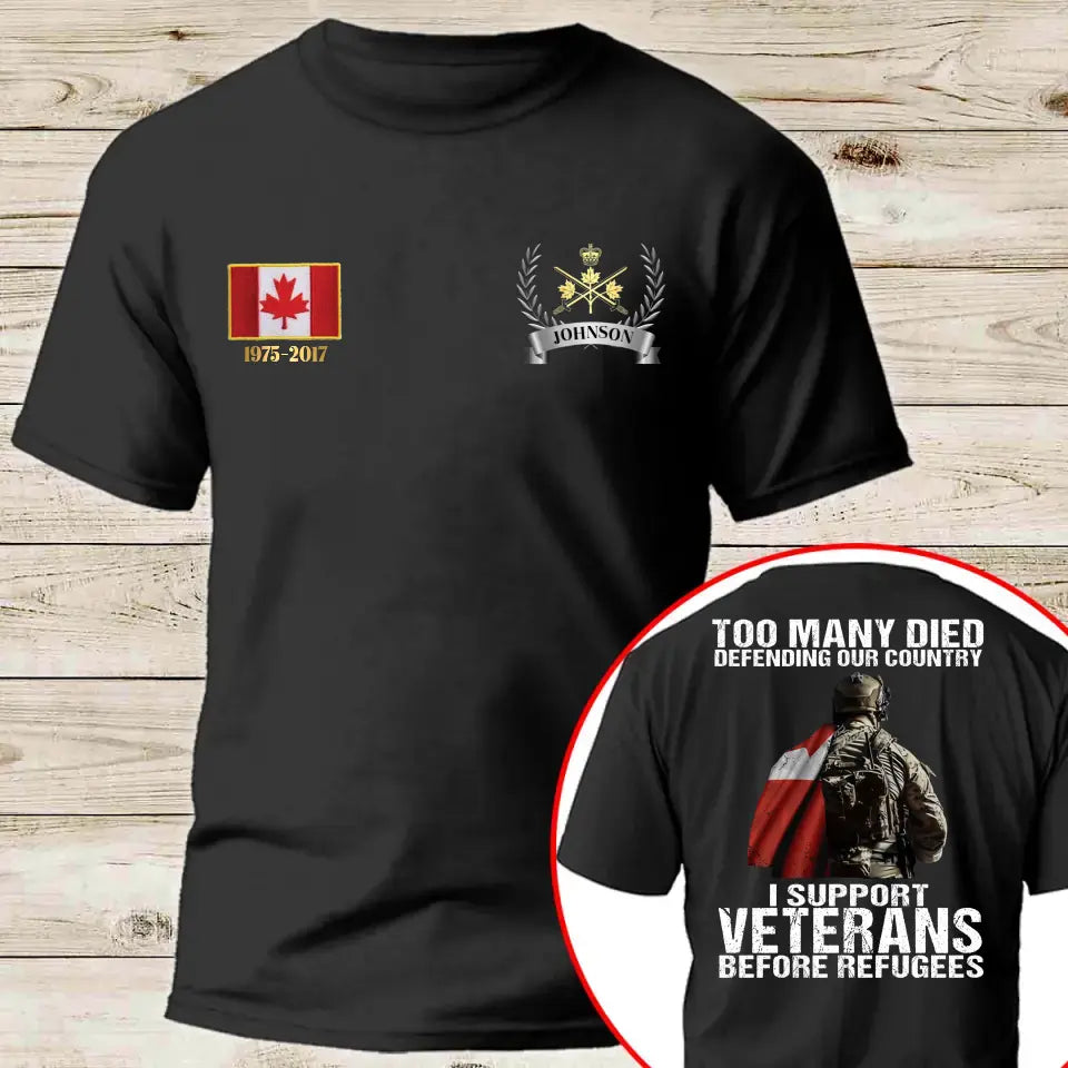 Personalized Canadian Veteran Too Many Died Defending Our Country I Support Veterans Before Refugees T-shirt Printed AHKH24525