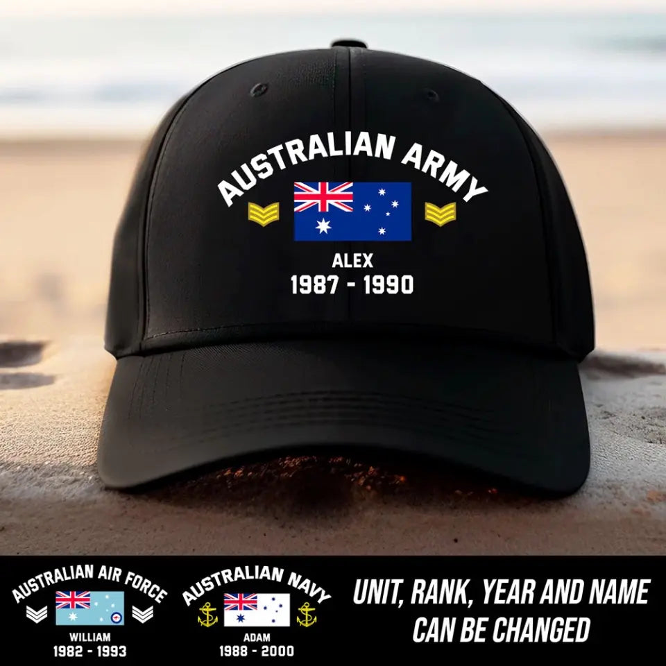 Personalized Australian Army Rank Camo Custom Name & Time Black Cap 2D Printed HN24530