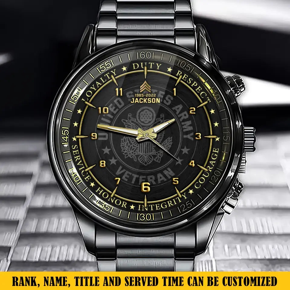 Personalized Loyalty Duty Respect Service Honor Integrity Courage US Veteran Rank Camo Custom Name Watch Printed AHKH24581