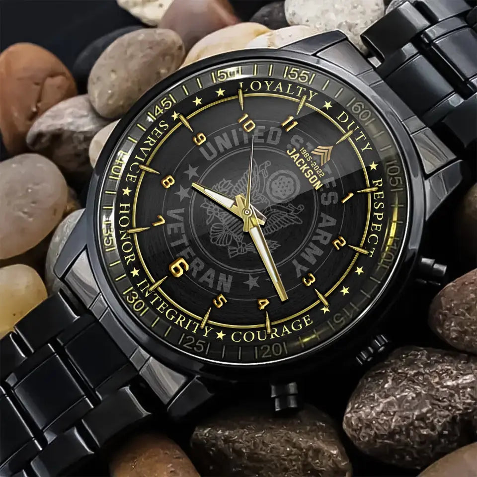 Personalized Loyalty Duty Respect Service Honor Integrity Courage US Veteran Rank Camo Custom Name Watch Printed AHKH24581