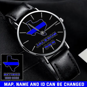 Personalized US Map States Blueline Police Custom Name & ID Woman WatchLeather Band Printed QTKH24584