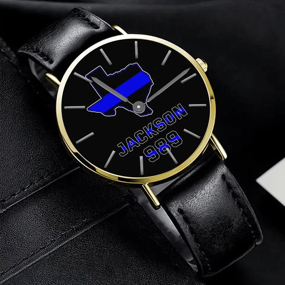 Personalized US Map States Blueline Police Custom Name & ID Woman WatchLeather Band Printed QTKH24584