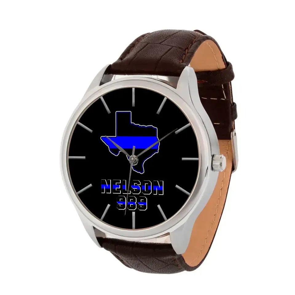 Personalized US Map States Blueline Police Custom Name & ID Woman WatchLeather Band Printed QTKH24584
