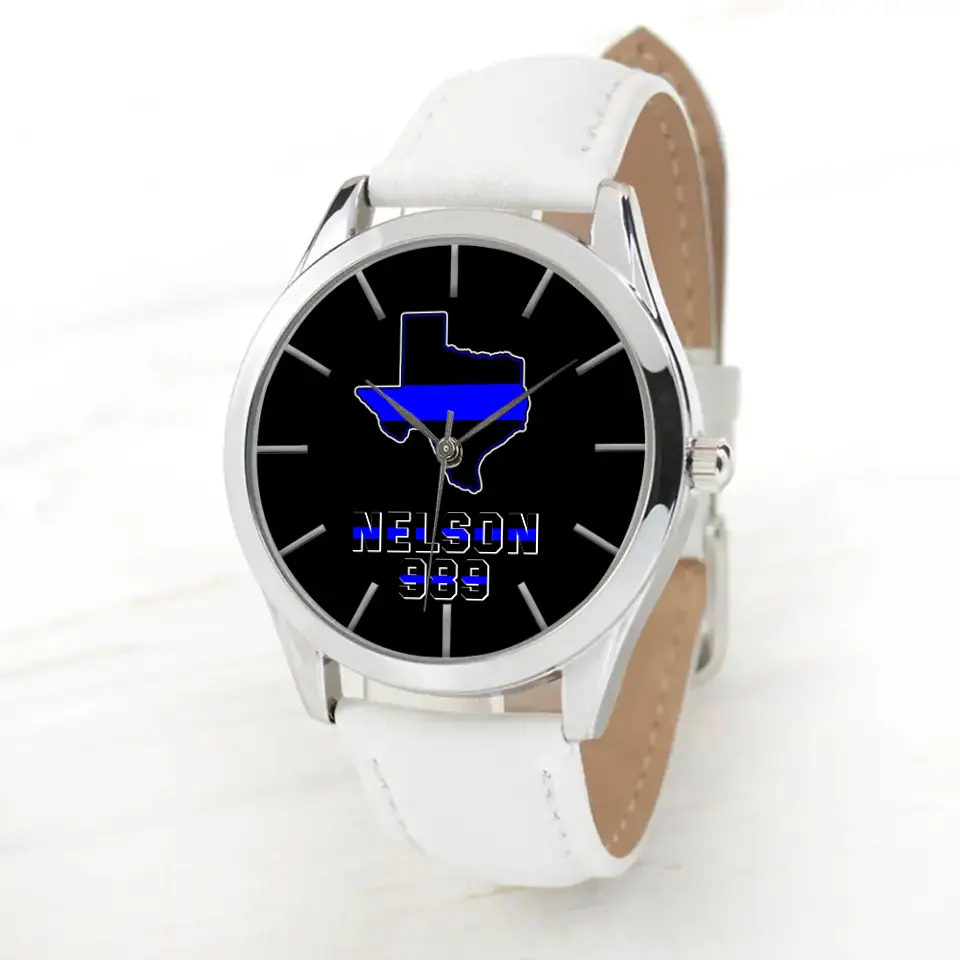 Personalized US Map States Blueline Police Custom Name & ID Woman WatchLeather Band Printed QTKH24584