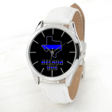 Personalized US Map States Blueline Police Custom Name & ID Woman WatchLeather Band Printed QTKH24584