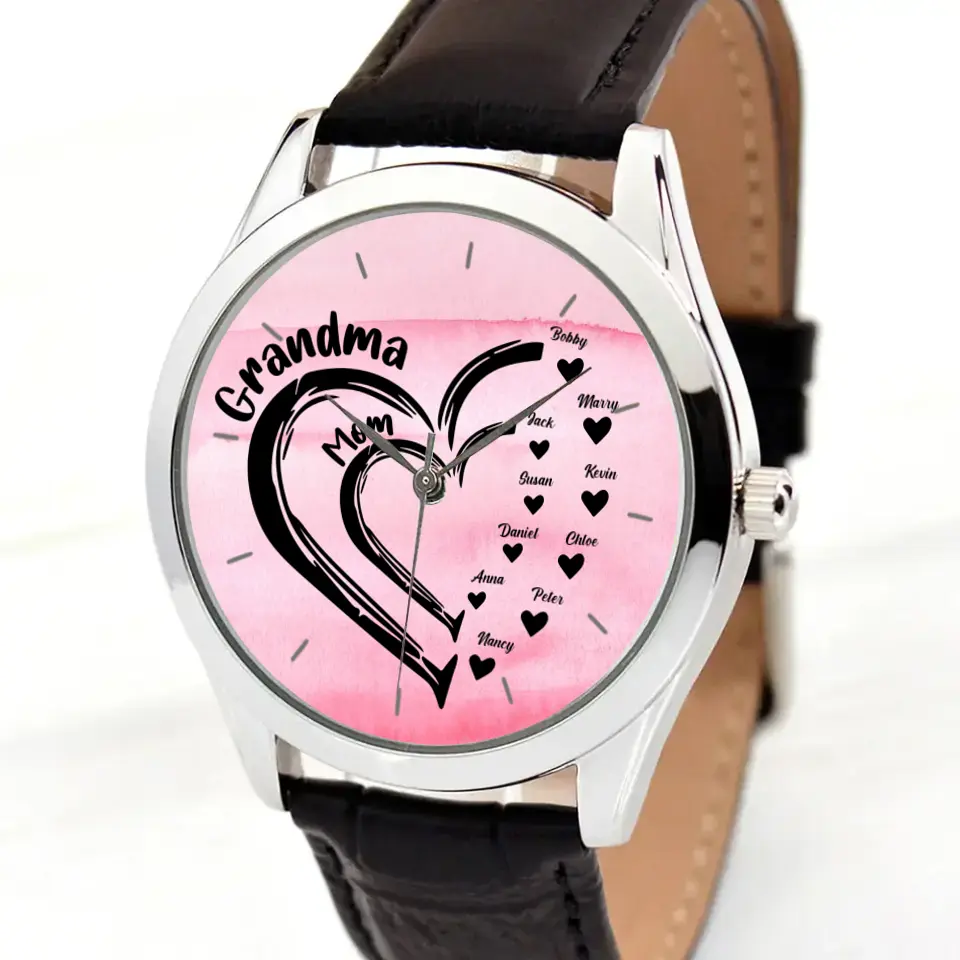 Personalized Grandma & Mom Heart Kid Names Women Watch Leather Band Printed HN24579