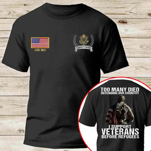 Personalized US Veteran Too Many Died Defending Our Country I Support Veterans Before Refugees T-shirt Printed AHKH24525