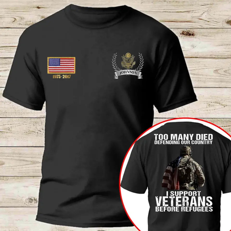 Personalized US Veteran Too Many Died Defending Our Country I Support Veterans Before Refugees T-shirt Printed AHKH24525