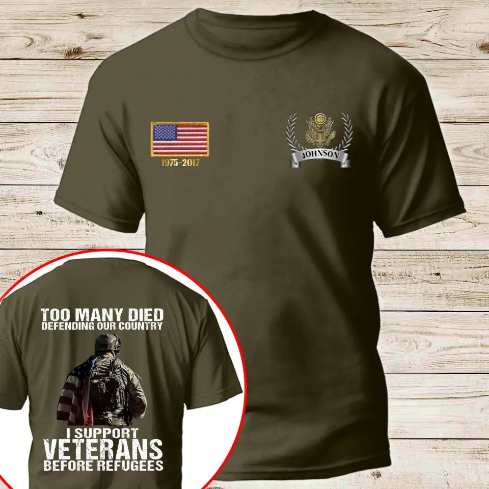 Personalized US Veteran Too Many Died Defending Our Country I Support Veterans Before Refugees T-shirt Printed AHKH24525