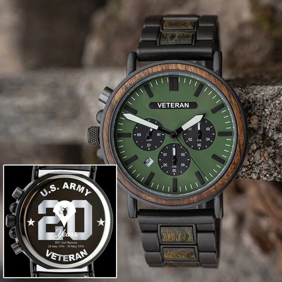 Personalized US Army Veteran Rank Camo Custom Name & Time Wooden Watch Printed QTLVA24476