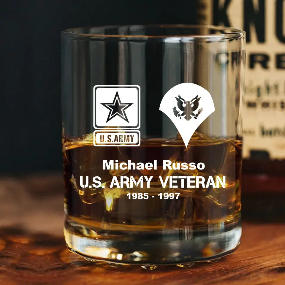 Personalized US Military Veteran Retired Whiskey Glass Printed QTLVA1536