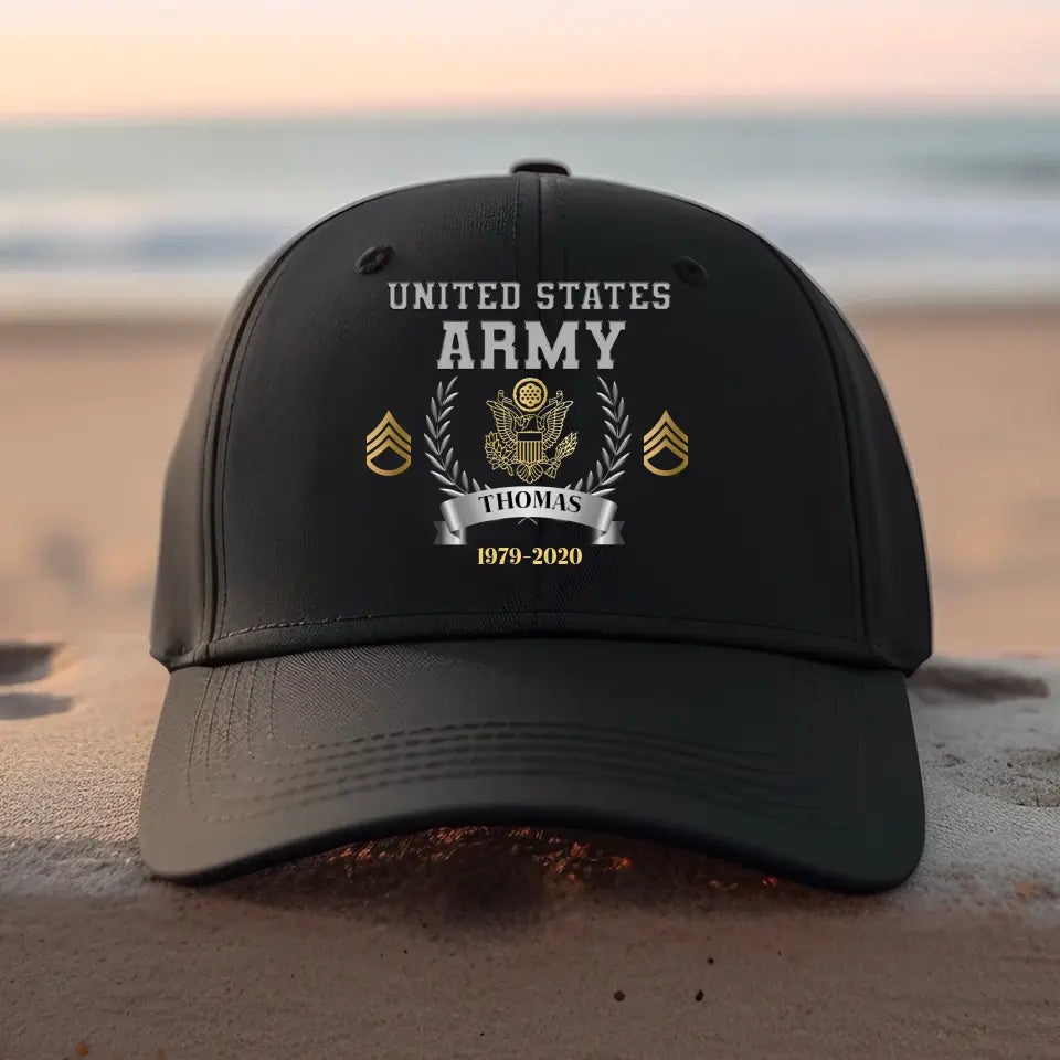 Personalized US Army Rank Camo Custom Name Black Cap 2D Printed AHVQ24397