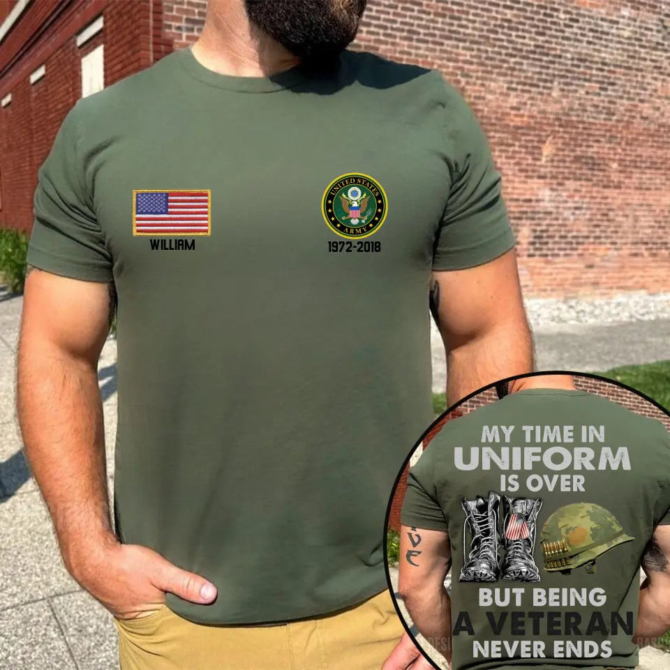 PersonalizedMy Time In Uniform Is Over But Being A Veteran Never Ends US Veteran Custom Name & Time T-shirt Printed VQ24290