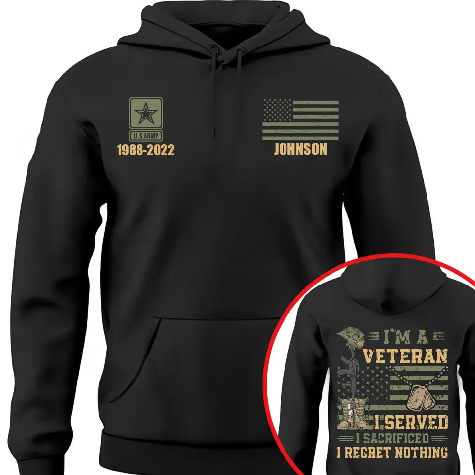 Personalized I'm A Veteran I Served I Sacrificed I Regret Nothing US Veteran Hoodie Printed LVA24177