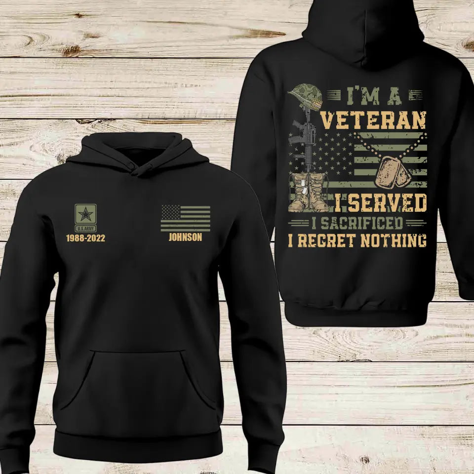 Personalized I'm A Veteran I Served I Sacrificed I Regret Nothing US Veteran Hoodie Printed LVA24177