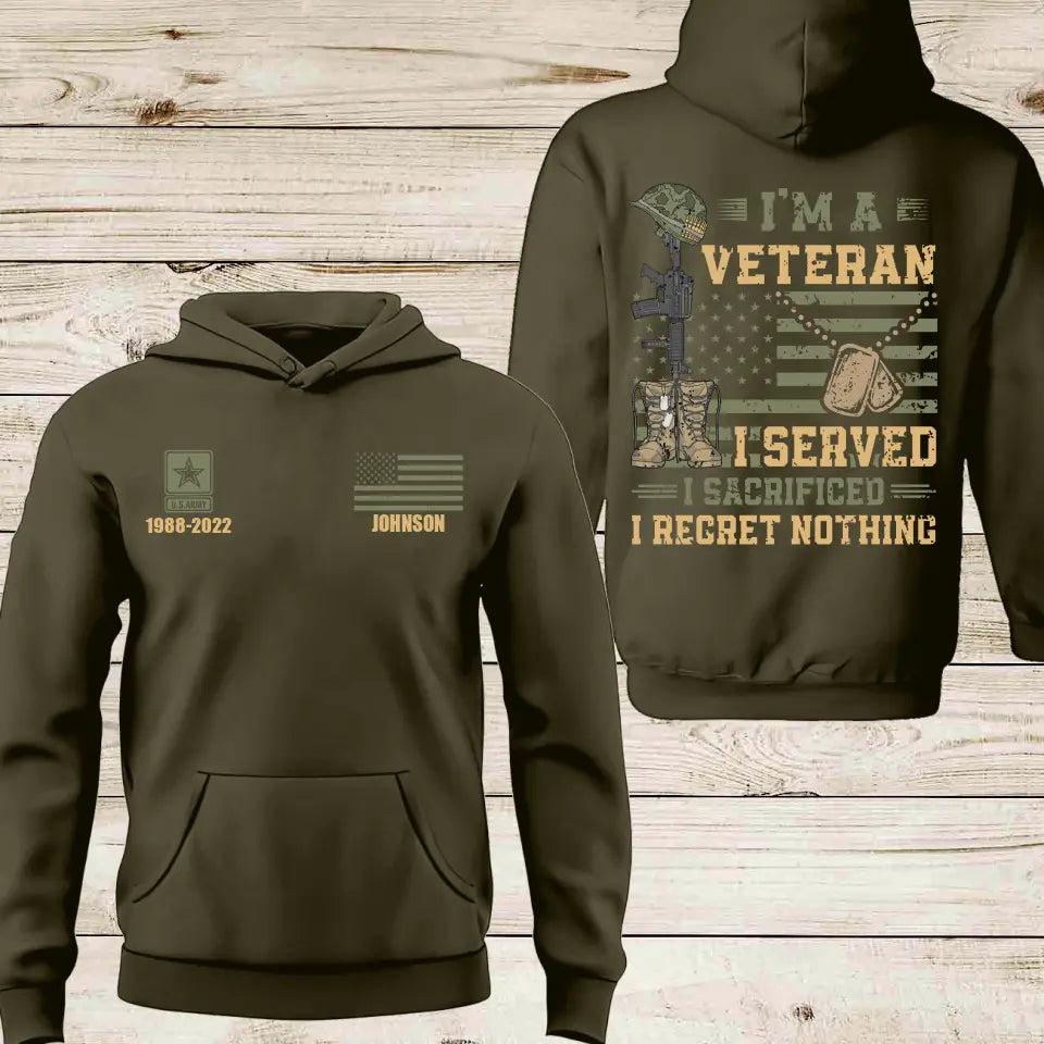 Personalized I'm A Veteran I Served I Sacrificed I Regret Nothing US Veteran Hoodie Printed LVA24177
