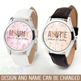 Personalized Auntie Mommy Heart with Kid Names Women Watch Leather Band Printed HN24592