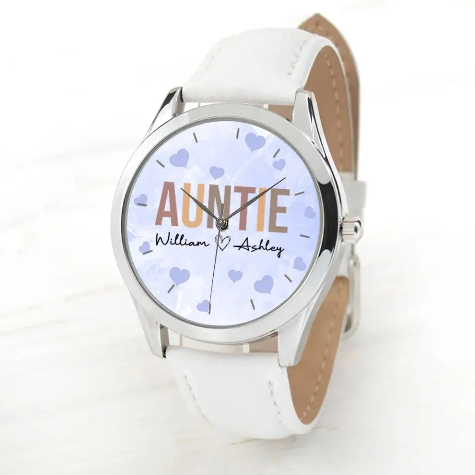 Personalized Auntie Mommy Heart with Kid Names Women Watch Leather Band Printed HN24592