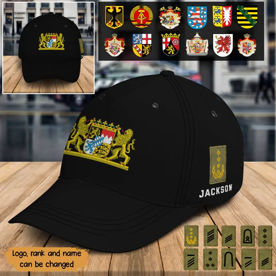 Personalized German Logo & Rank Camo Black Cap Printed KVH24597