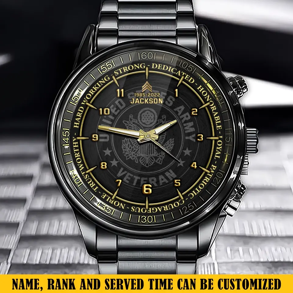 Personalized US Army Veteran Rank Camo Custom Name & Time Watch Printed AHKH24629