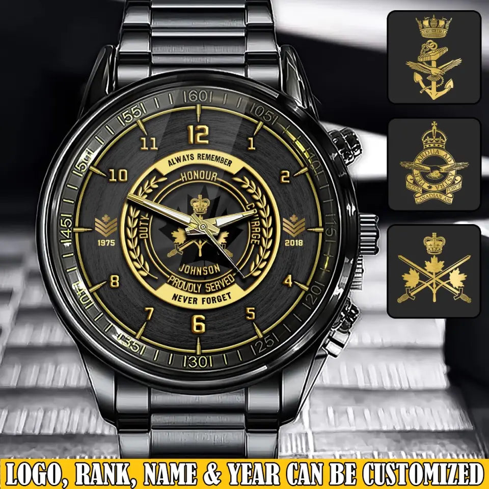 Personalized Always Remember Never Forget Honour Proudly Served Canadian Veteran Cusstom Rank Camo & Name Watch Printed AHVQ24640
