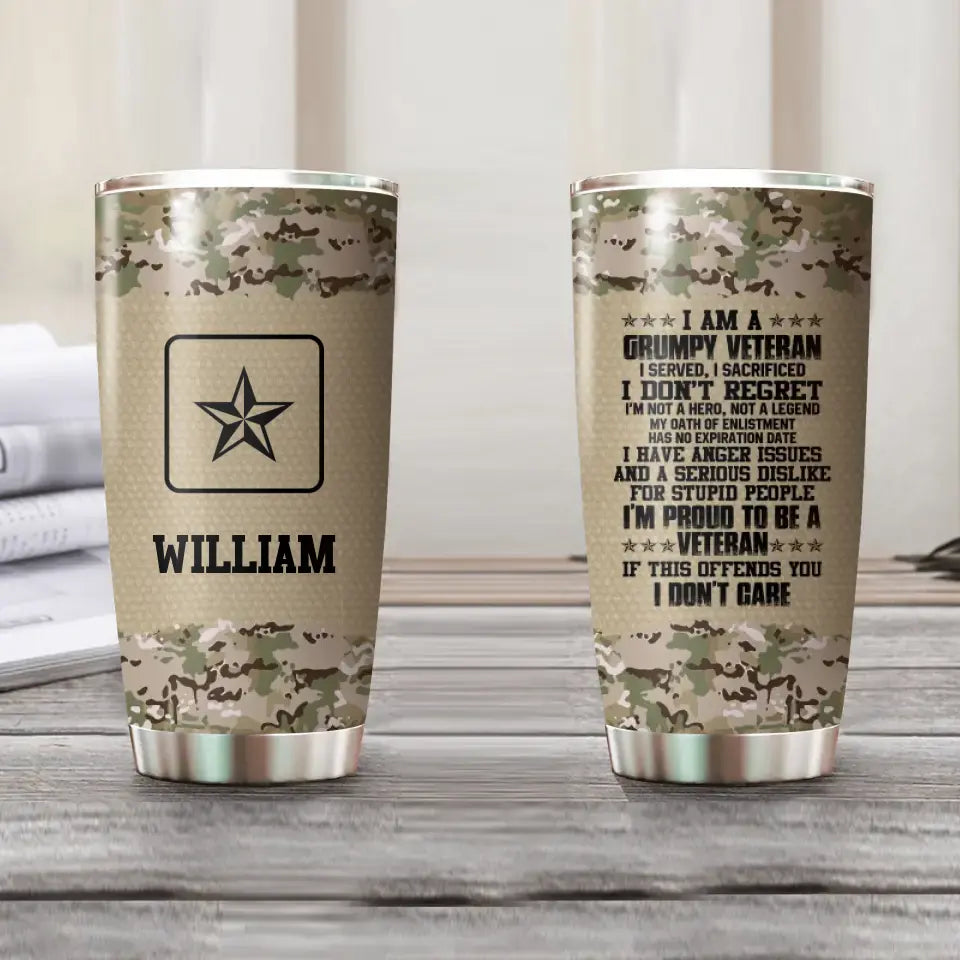 Personalized I Am An US Grumpy Veteran Nam Rank With Camo Tumbler Printed 22OCT-HQ21