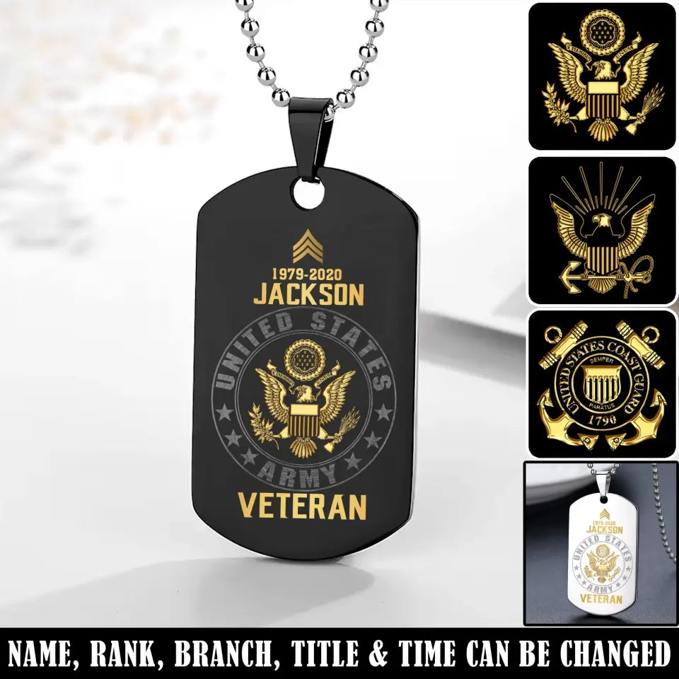 Personalized US Army Veteran Rank Camo Custom Name & Time Dog Tag Necklace Printed LVA24673