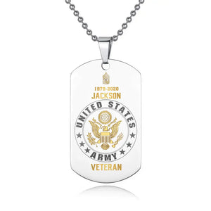 Personalized US Army Veteran Rank Camo Custom Name & Time Dog Tag Necklace Printed LVA24673